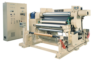 Embossing machine with on-winder and re-wider.